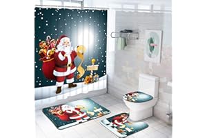 Uspring 4 Pcs Merry Christmas Shower Curtain Sets with Non-Slip Rug, Toilet Lid Cover and Bath Mat, Santa Moon Snow Shower Curtain with 12 Hooks for Christmas Decoration