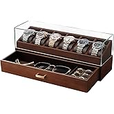 KAMIER High End Wooden Watch Box with 6 Slots &amp; Glass Lid - 2-Layer Jewelry Organizer for Men - Watch Display Case, Ideal Business Gift for Watch Enthusiasts （with Gift Box）, Walnut