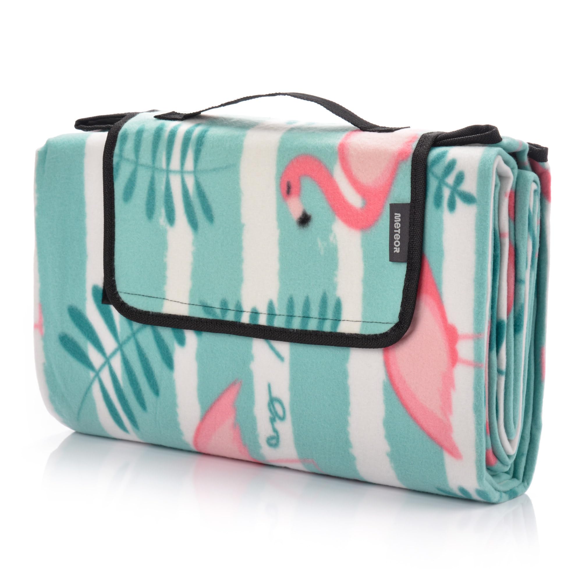 meteor Picnic Blanket Waterproof Extra Large Flamingos 150x190 cm - Outdoor Blanket Foldable Beach Mat with Carry Handle - Soft Fleece Camping Rug for Garden, Travel, Park & Festivals - Sandproof