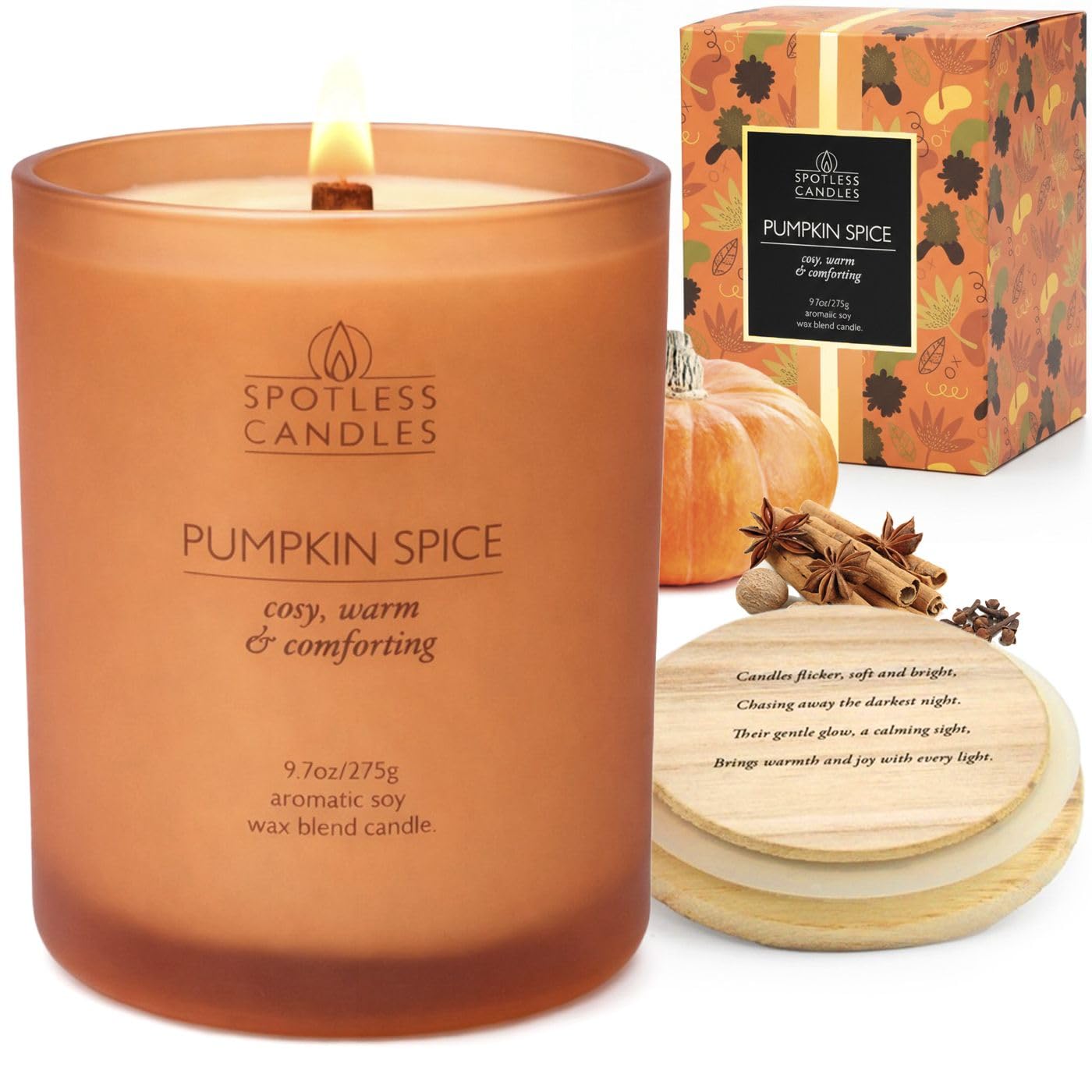 Pumpkin Spice Scented Candle 275g: 55 Hrs Burn Time - Pumpkin Spice Scented Candles in Frosted Glass Jar with Wooden Crackling Wick in a Luxurious Gold Foil Lined Gift Box by Spotless Leopard