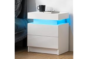 HOMMPA LED Nightstand White Nightstand with Led Lights Modern Night Stand with 2 High Gloss Drawers Led Bedside Table Smart Nightstand for Bedroom 20.5” Tall