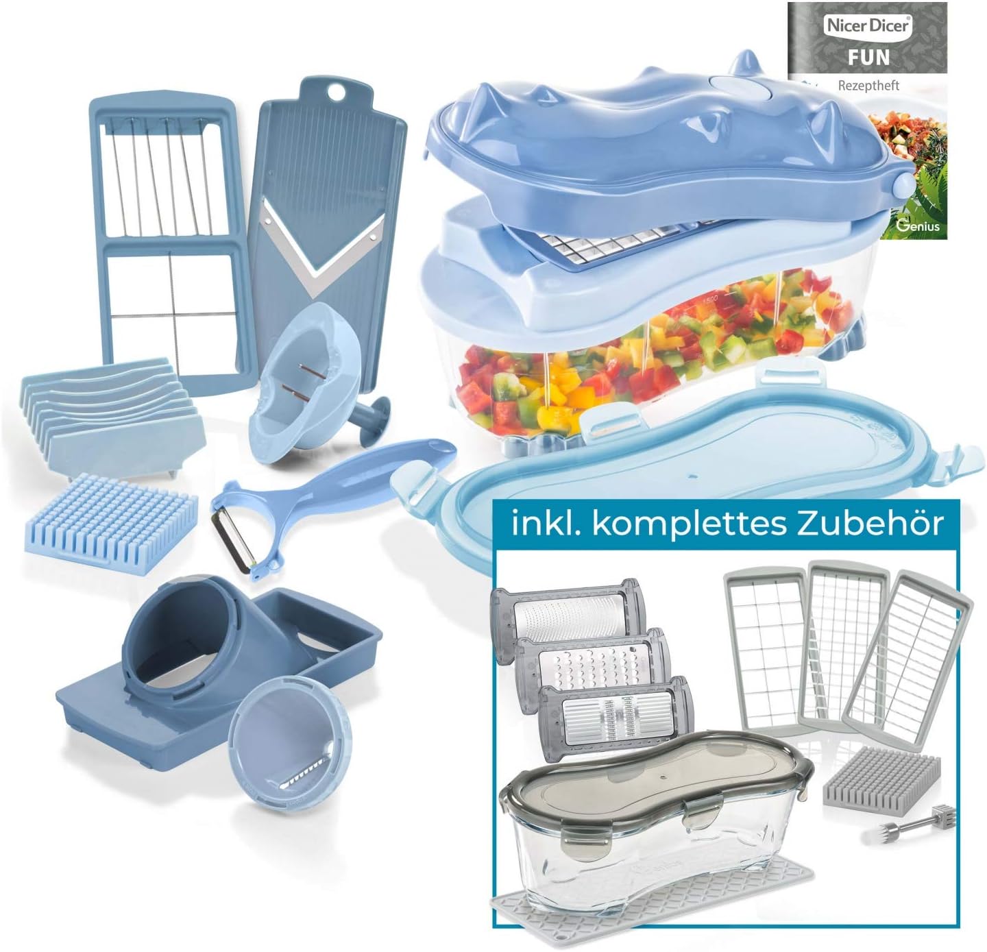Genius Nicer Dicer Fun Rhino Deluxe Set (25tlg) tierischer Nicer Dicer Spaß - unzählige Schneid-Möglichkeiten, Würfel, Stifte, Scheiben, Streifen, Viertel zur gesunden Ernährung