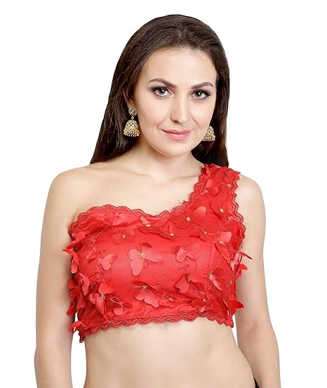 WOMEN'S GIRL'S DESIGNER ONE SHOULDER READYMADE RED CHOLI BLOUSES [ XS,S,M,L] _32,34,36,38