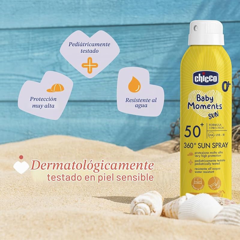 Spray solar con protección SPF 50+ para niños, resistente al agua, fácil de aplicar con sistema dispensador de 360°, protección contra los rayos UVA, UVB e infrarrojos, a partir de 0 m+, 150 ml