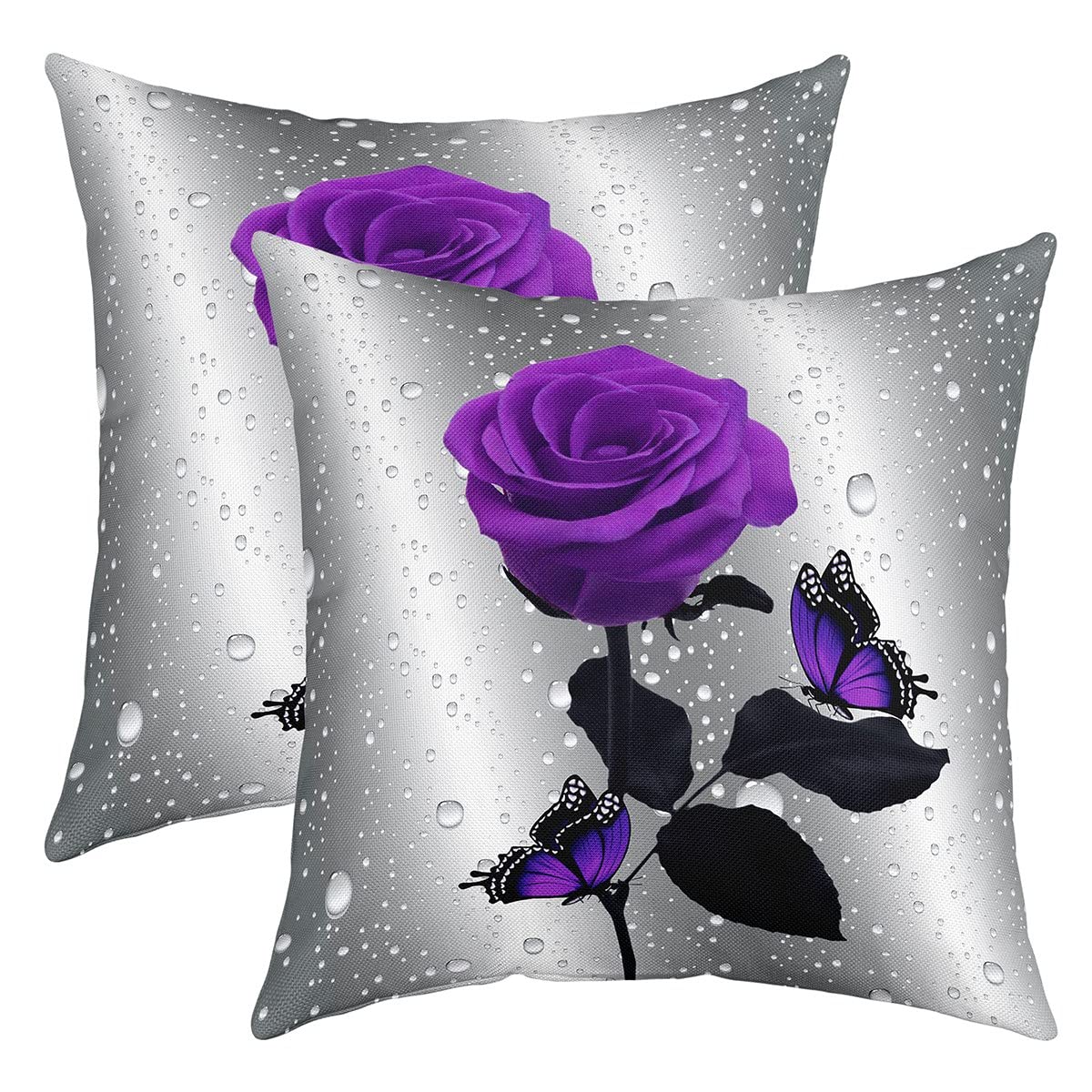 Loussiesd Rose Throw Pillow Covers 16"x16" Set of 2 Soft Rose Floral Flower Cushion Covers Pillow Cases For Sofa Bedroom Car Reversible Garden Flower Purple Grey Decorative Throw Pillowcases