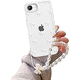 EYZUTAK Case for iPhone 16e, Clear Cute Ribbon Bowknot Aesthetic Phone Case with Charm Bracelet Chain Raised Camera Protection Stylish Soft Durable TPU Protective Cover for Women Girls - White