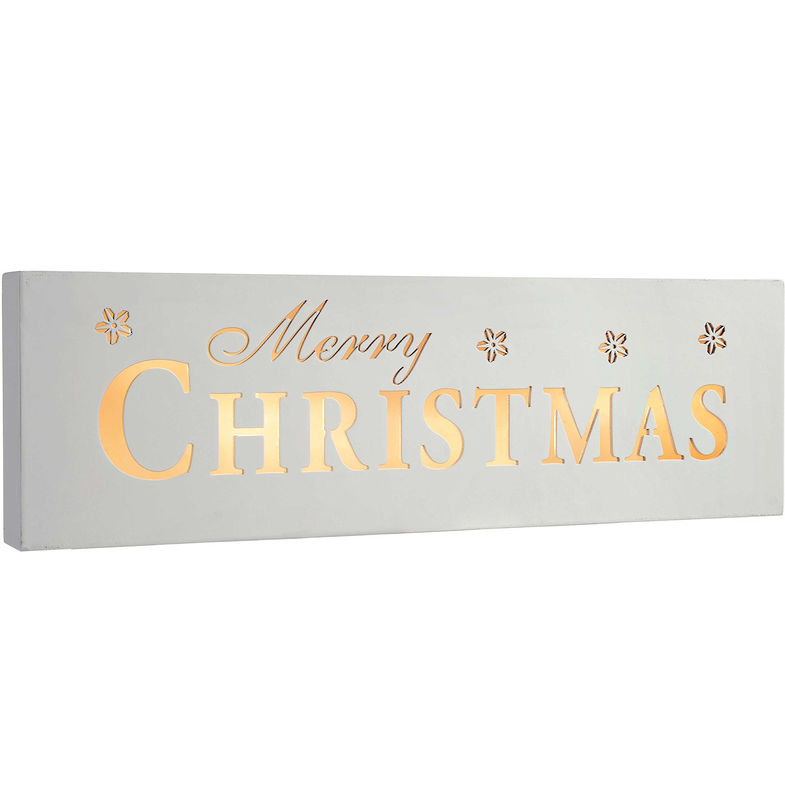 WeRChristmas Pre-Lit LED Merry Christmas Sign Decoration, Wood, White, 38 cm