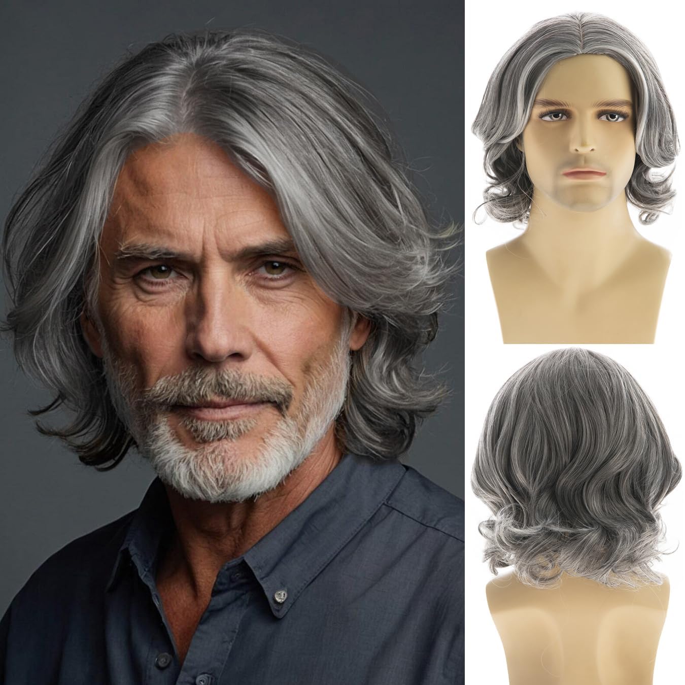 Beweig Mens Grey Short Wavy Bob Wig Synthetic Cosplay Party Replacement