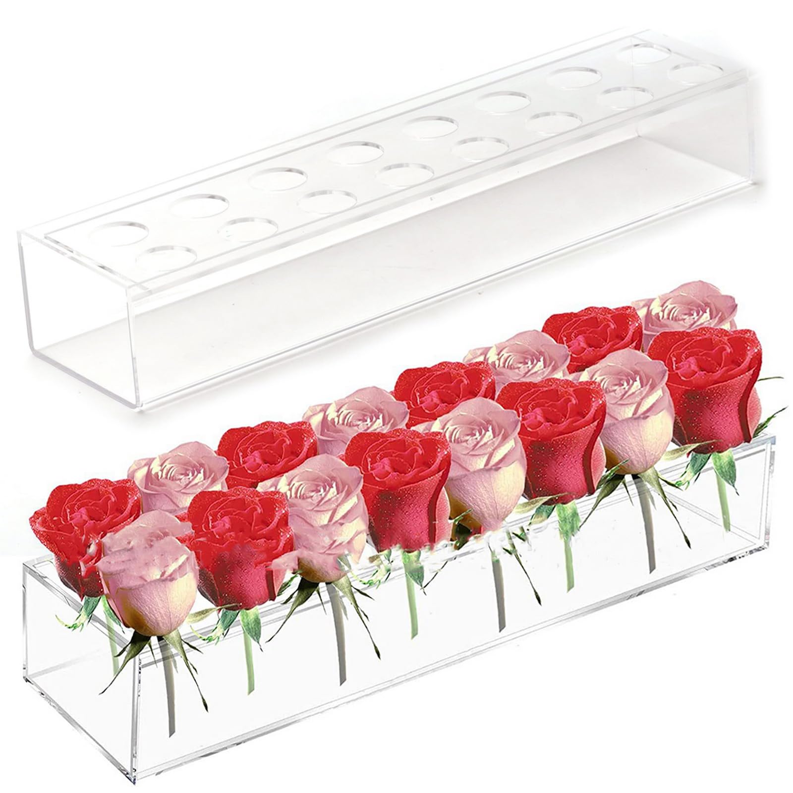 BERRYLION Clear Acrylic Vase for Flower -16 Holes, 15.7 Inches Rectangular Exquisite Floral Centerpiece Decor, Modern Vase Decorations for Weddings Home Dining Table Decor