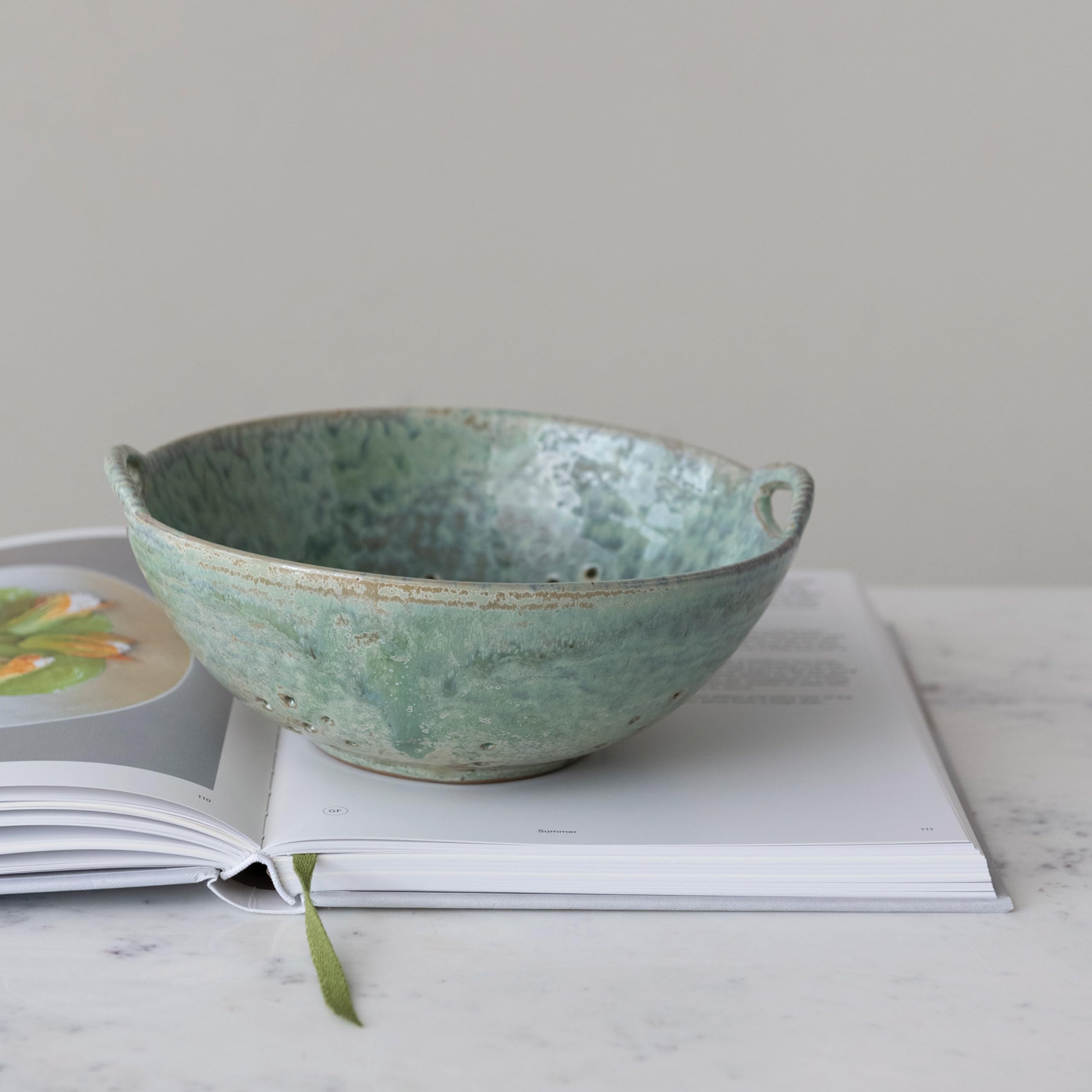 Creative Co-Op Stoneware Berry Bowl with Handles, Aqua Reactive Glaze
