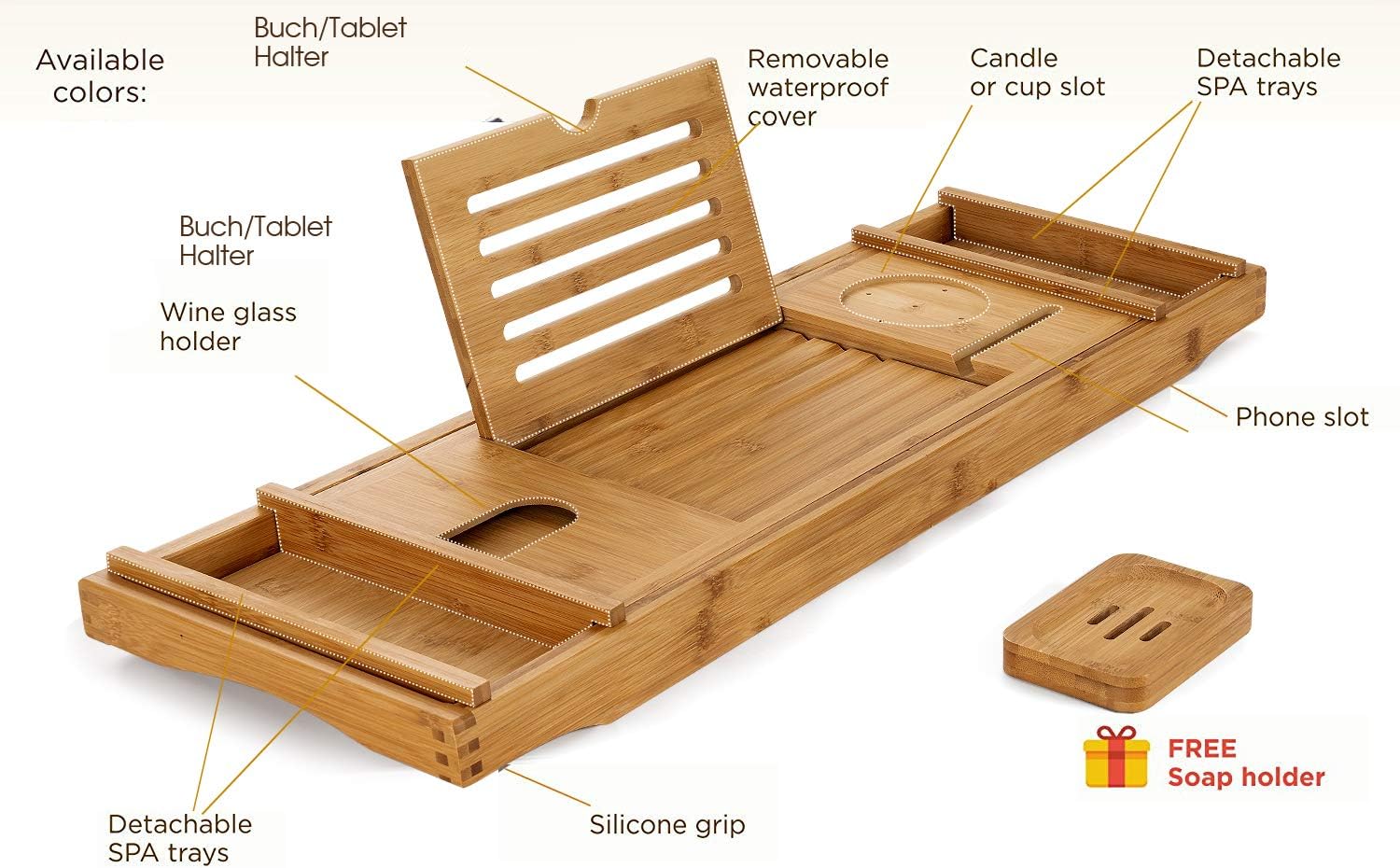 HBlife Bamboo Bathtub Caddy Tray [Durable, Non-Slip], One or Two Person Bath and Bed Tray, Extending Sides Fits Any Tub, Cellphone iPad and Wineglass Holder, Free Soap Holder -Natural Color: Home & Kitchen