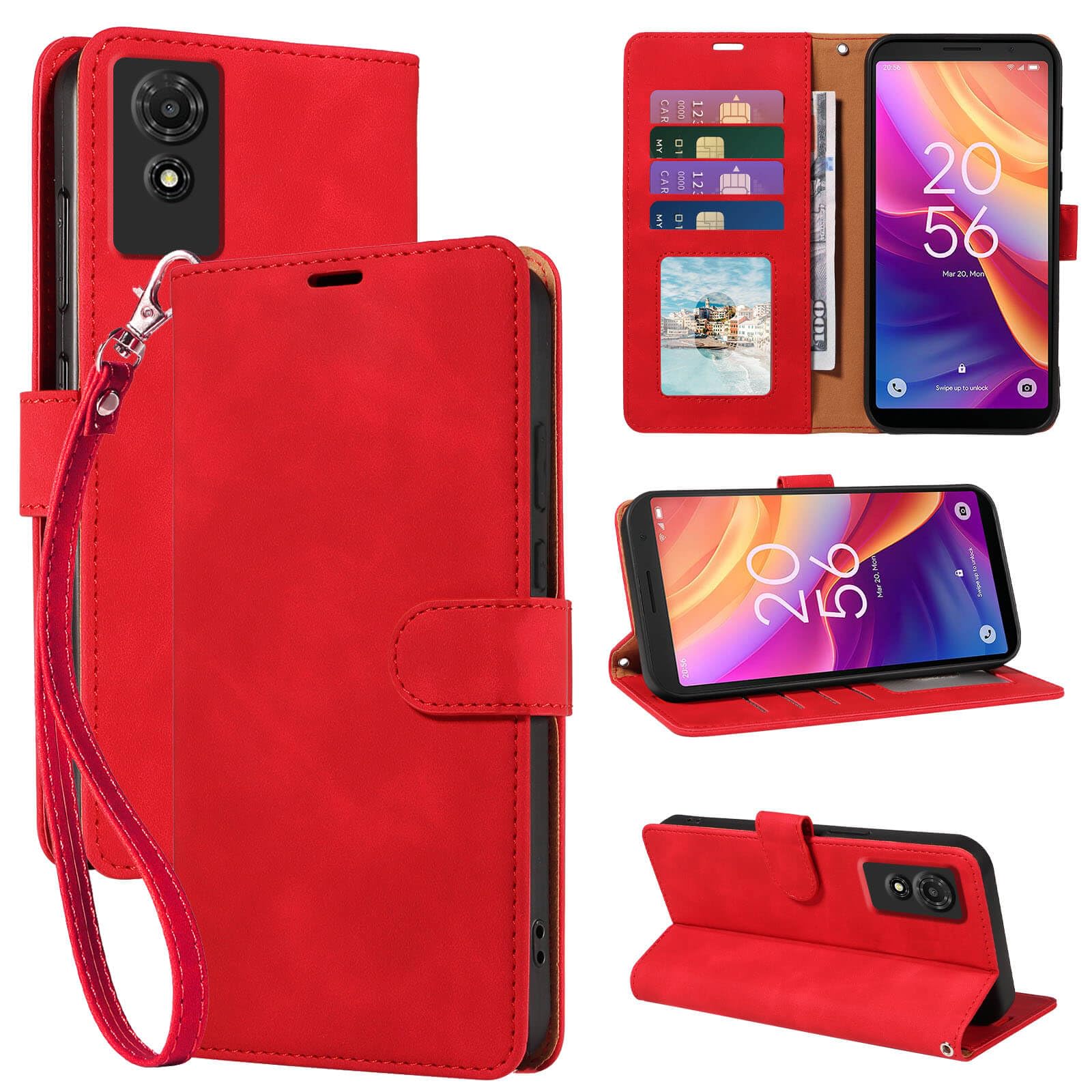 GOTOURED Wallet Phone Case for TCL 501 6 inch, [RFID Blocking 4 Card Slots] [Wrist Strap] [Kickstand] Magnetic Closure Shockproof Protective Soft Leather Flip Cover (Red)