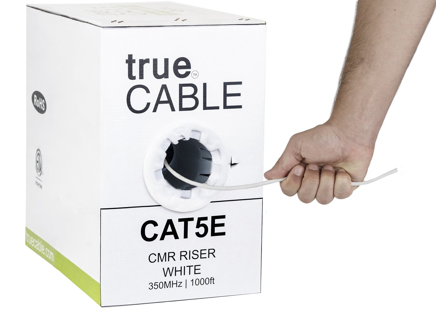 Cat5e Riser (CMR), 1000ft, White, 24AWG 4 Pair Solid Bare Copper, 350MHz, ETL Listed, Unshielded Twisted Pair (UTP), Bulk Ethernet Cable, trueCABLE