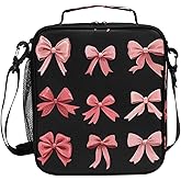 Pink Red Bow Black Lunch Box Insulated Lunch Bag Kids Cooler Tote Bag Freezable Shoulder Strap Lunchbox for Girls School Picnic
