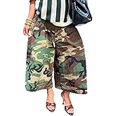 Vakkest Women's Baggy Camo Jeans High Waist Straight Wide Leg Camouflage Cargo Pants Harem Trousers Streetwear