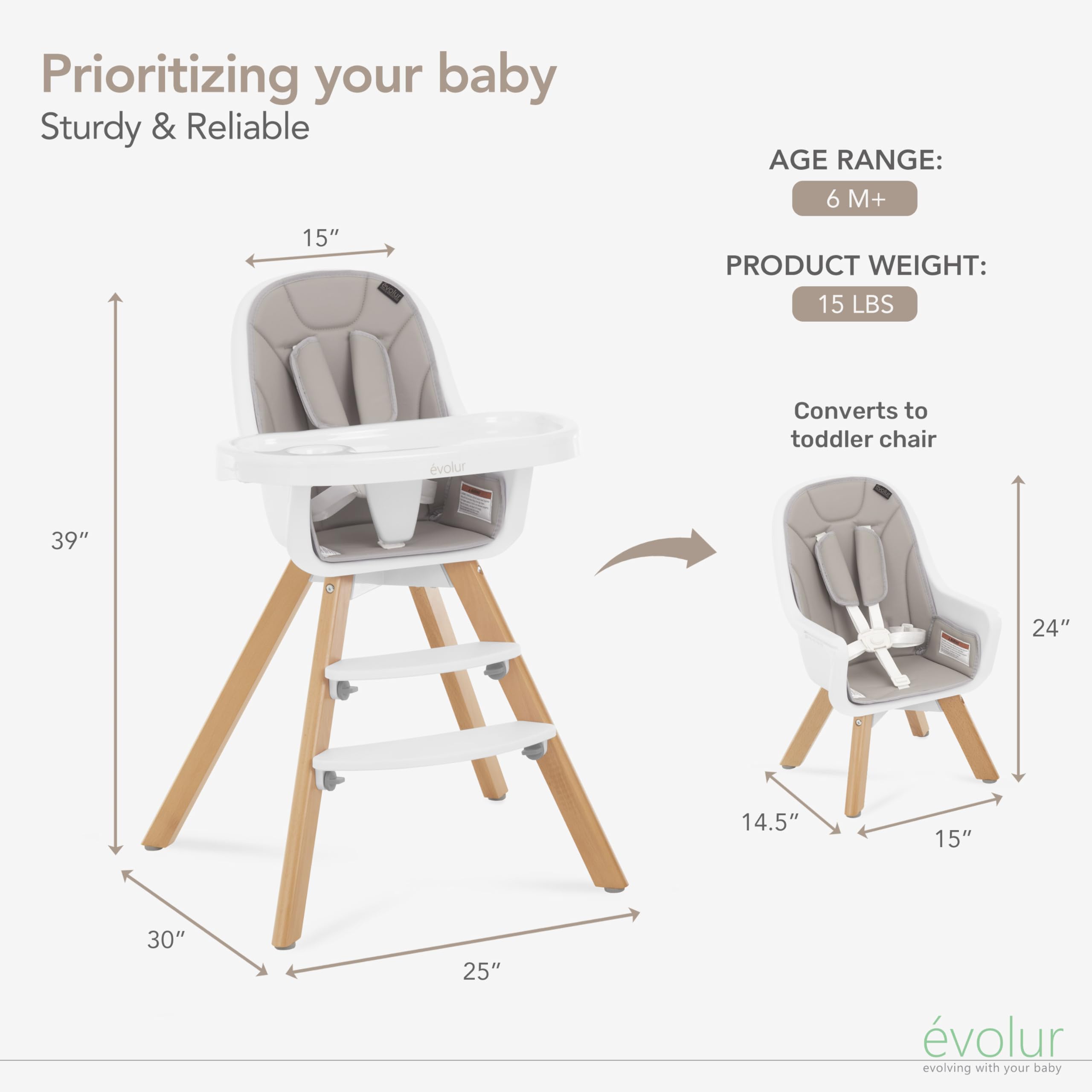 Evolur Zoodle 2 in 1 Convertible Baby High Chair in Light Gray