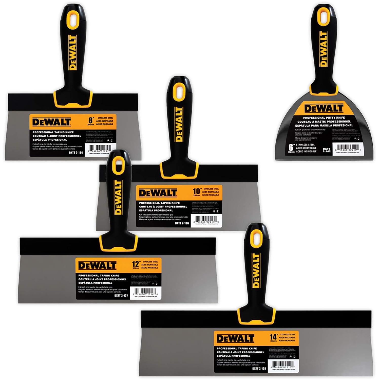 DEWALT Stainless Steel Taping Knife 4-Pack + FREE BONUS 6" Soft Grip Putty Knife | 8/10/12-Inches | Soft Grip Handles | DXTT-3-171