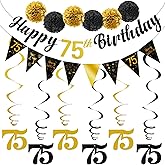 TOBATOBA 75th Birthday Decorations Kit for Men Women, Black Gold Happy 75th Birthday Banner, Triangle Flag Banner 75th Birthday Party Decorations, Swirl Streamers Paper Pompoms Party Supplies