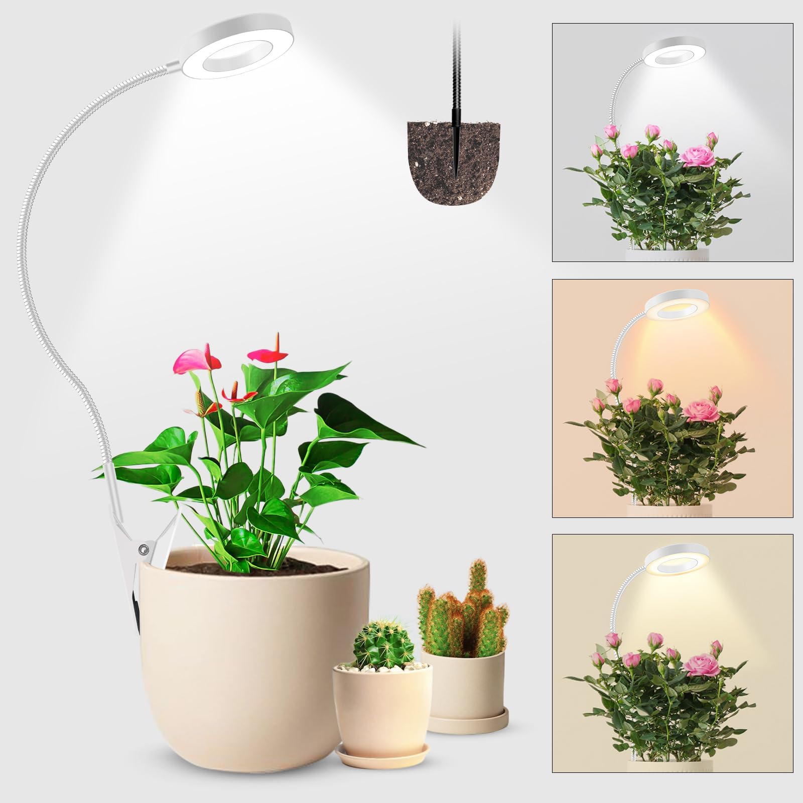 Photo 1 of Wolezek 2 in 1 Grow Lights for Indoor Plants, 3 Colors Plant Lights for Indoor Growing with 360° Gooseneck, 48 LEDs Full Spectrum Plant Grow Lights Indoor, 6/12/16H Timer, 5 Brightness, White 1 Pack