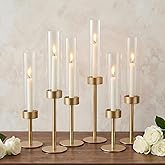 Ronasip Hurricane Candle Holders Set of 6, Matte Gold Metal Taper Candlestick Holders with Clear Glass Chimney Cylinder Tubes, Tall Candle Stands for Wedding, Christmas, Dining Table Centerpiece Decor