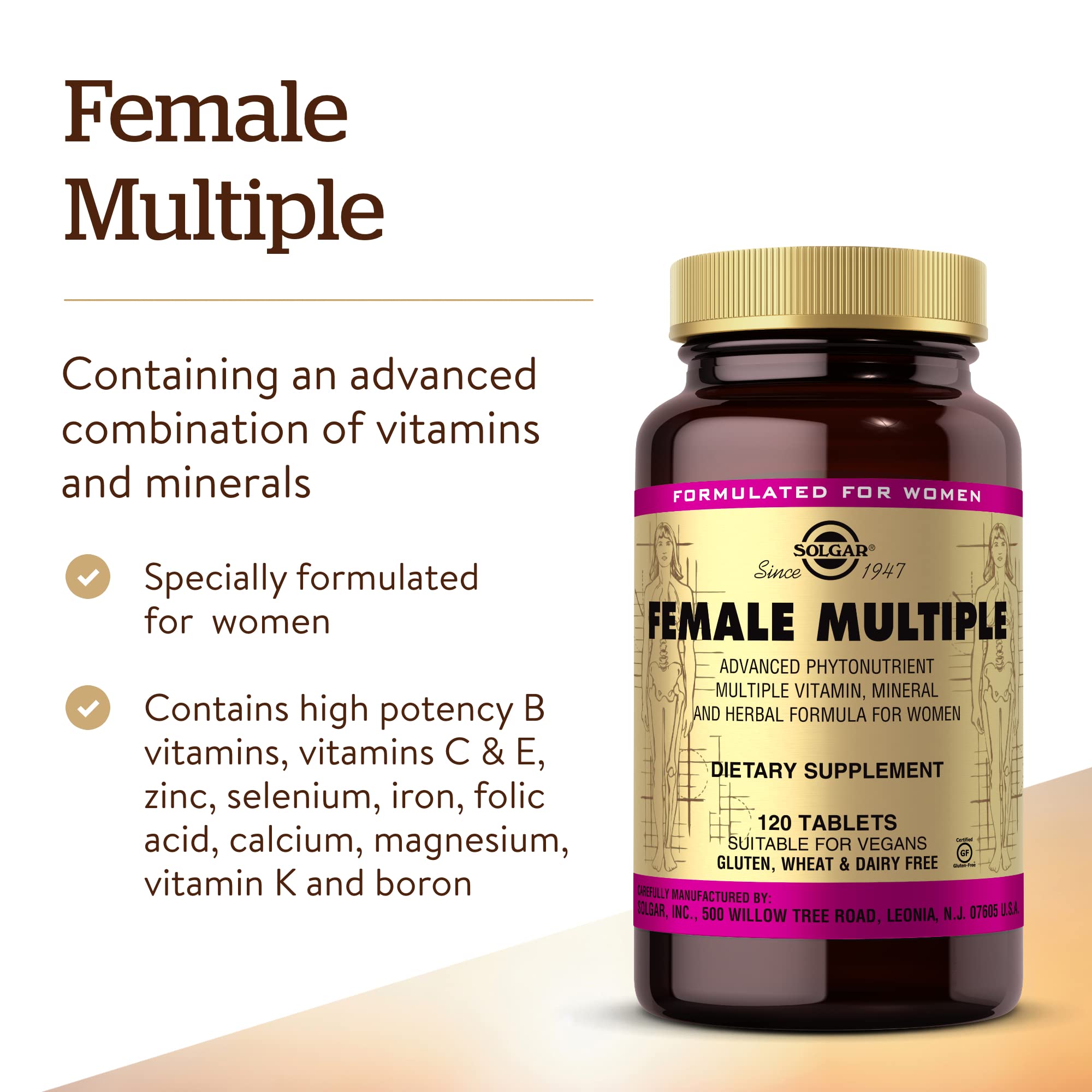 Solgar Female Multiple, 120 Tablets - Multivitamin, Mineral & Herbal Formula for Women - Advanced Phytonutrient - Vegan, Gluten Free, Dairy Free, Kosher - 40 Servings