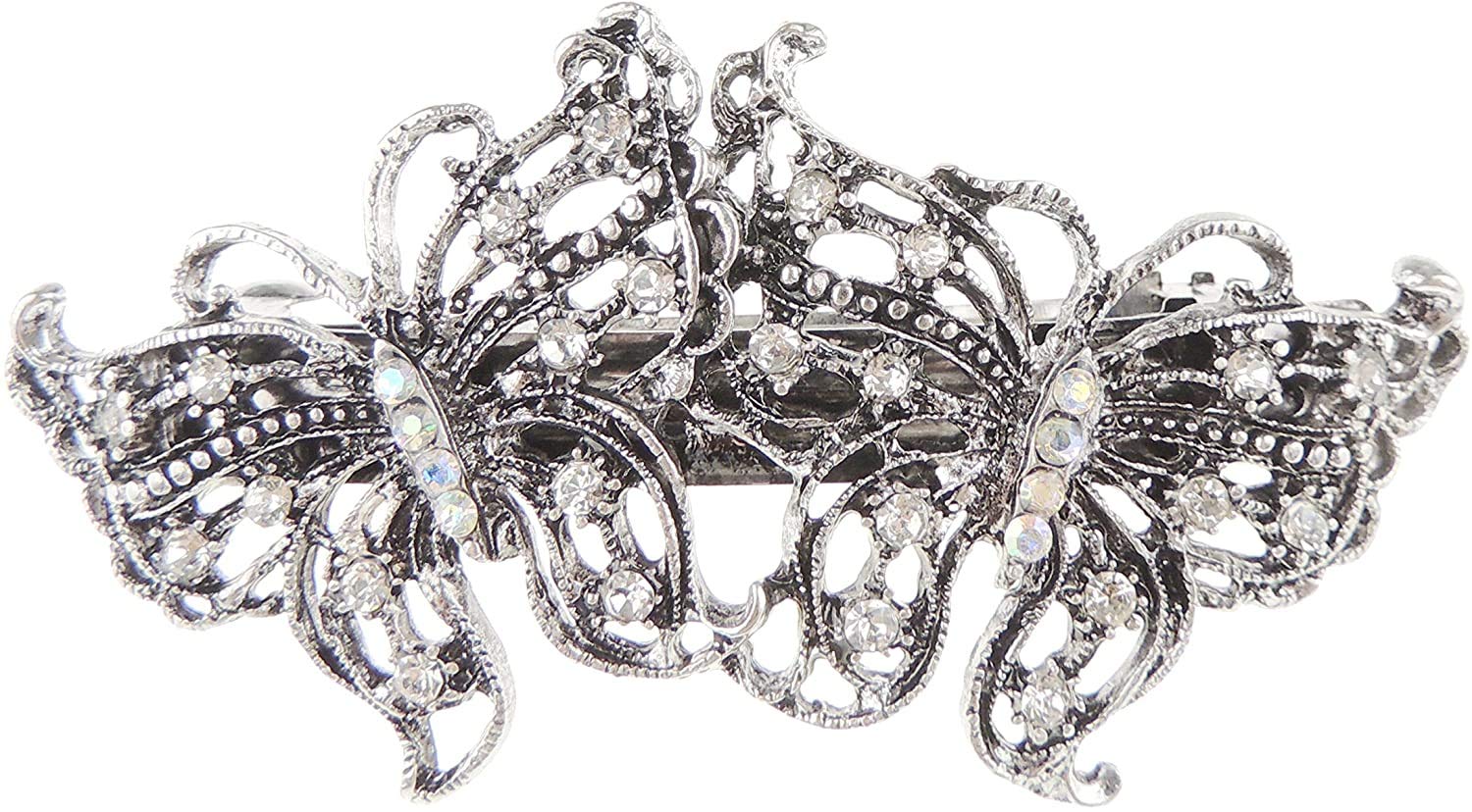 Womens Girls Crystal Rhinestone Diamante Wedding Birthday Party Evening Ponytail Fine Medium Hair Accessories Occasion Barrette Hairpin Grip French Spring Clip VIntage Silver Tone Butterfly