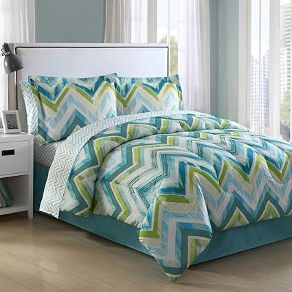 Amazon Com 8 Piece Aqua Blue Lime Green Chevron Comforter
