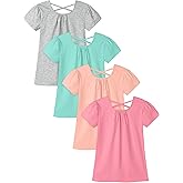 Poroka 4 Pack Toddler Girls Short Sleeve T-Shirts Puff Sleeve Cotton T-Shirt Soft Crew Neck Tees