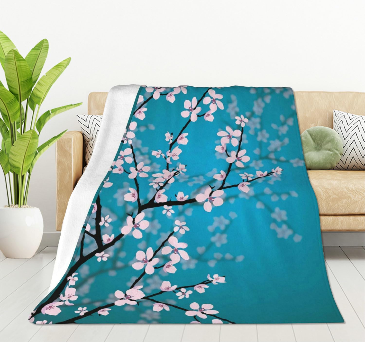 HGOD DESIGNS Plum Blossom Flannel Fleece Bed Blanket 130x150cm Pink Flowers Throw Blanket Lightweight Cozy Plush Blanket for Bedroom Living Rooms Sofa Couch