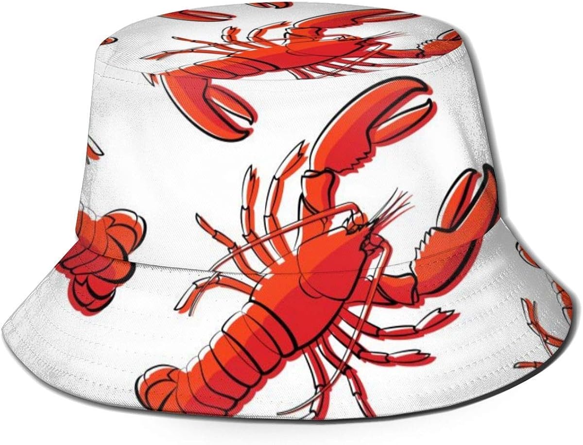 Zhengzho Flat Top Breathable Bucket Hats Cap Unisex Lobsters. Red