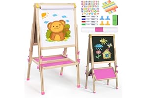 Joyooss Art Easel for Kids, Foldable Kids Easel Stand for Painting, Wooden Toddler Art Easel with Paper Roll Double Sided Mag