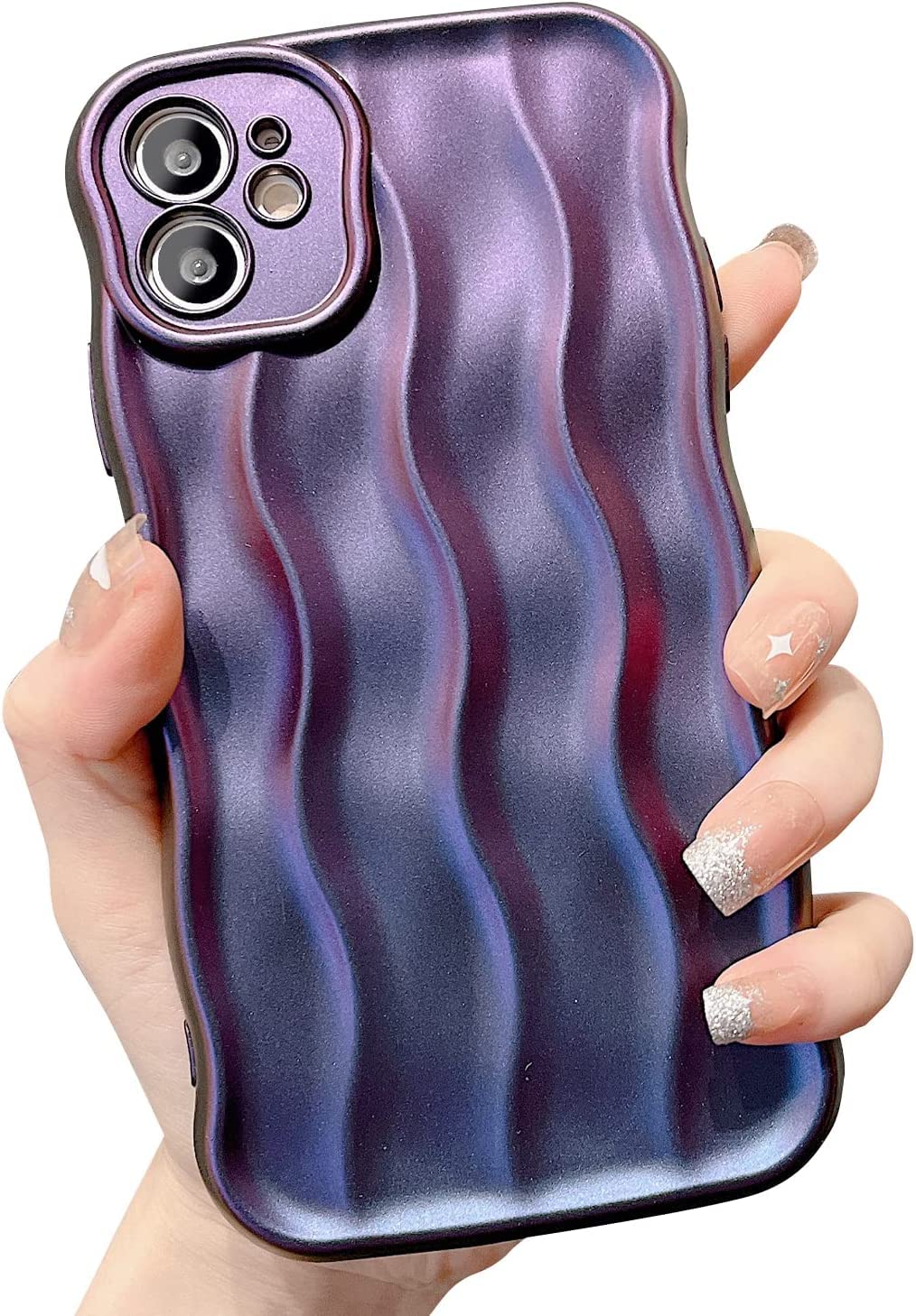 UEEBAI Water Ripple Pattern Curly Phone Case for iPhone 12 6.1 inch, Stylish Pretty Cute Wave Frame Soft Case 3D Protective Cover Shockproof Case for Women Girls Slim Case - Gradient Purple