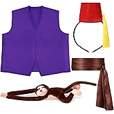 Lunmon 4 Pcs Halloween Costume Accessory, Includes Arabian Prince Brown Satin Sash Belt, Fez Hat Headband, Purple Vest, Hanging Stuffed Animal for Men Adult Halloween Cosplay Supplies