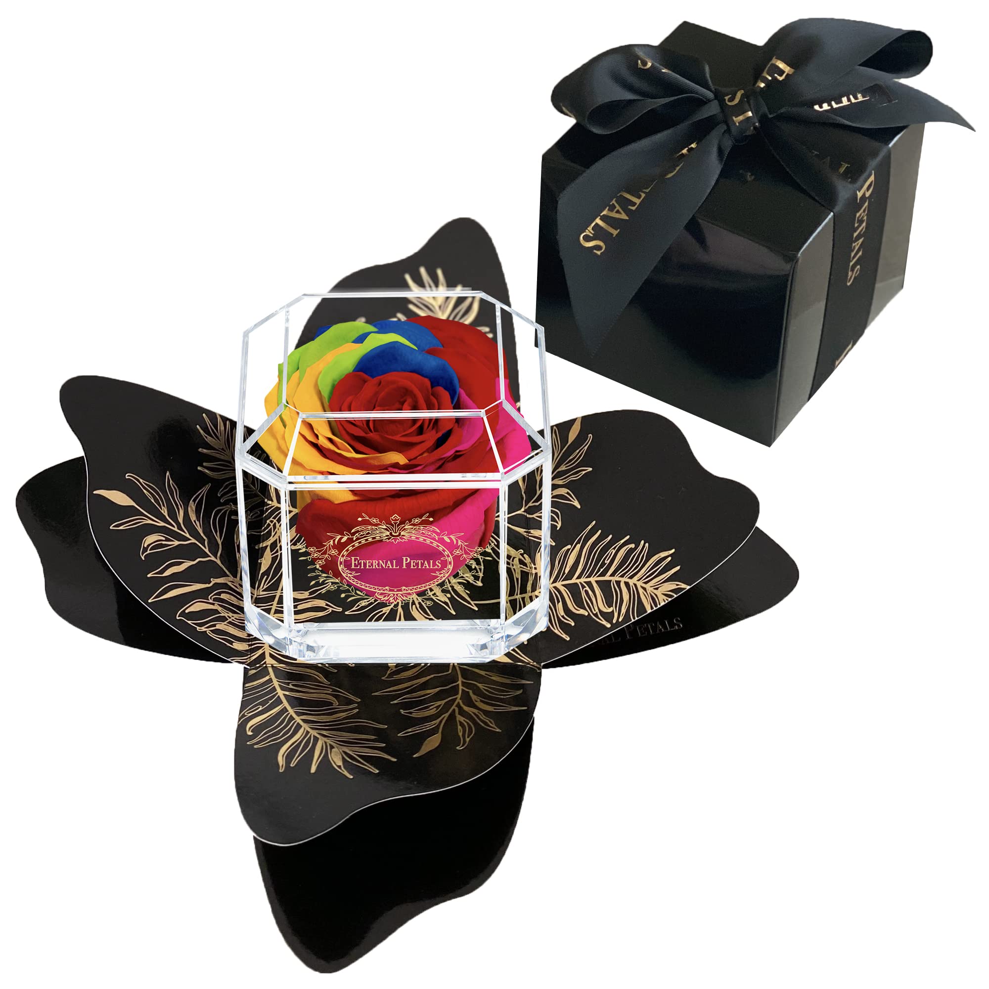 A 100% Real Rose That Lasts Years - Eternal Petals, Handmade in London – Gold Solo + Gift Wrapping (Rainbow)