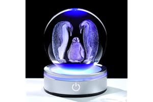 Arikyrist 3.15in. 3D Penguins Crystal Ball Gifts for Women Men, K9 Crystal Decorative Ball Engraved Penguins Figurine Paperweight with LED Light Base for Home Office Decoration for Birthday Christmas