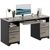 Bestier 59 Inch Office Desk with 4 Drawers, Computer Desk with Storage, Executive Desk with File Drawer, Keyboard Tray &amp; 2 Pedestals on Both Sides for Home Office, Studio, Grey&amp;Black