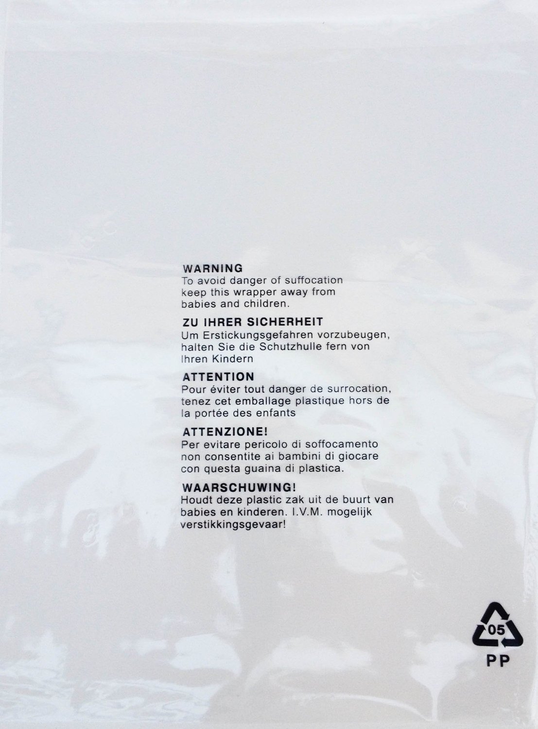 100 x Self Seal OPP Clear Poly Bags With Suffocation Warning in 5 Languages (15 x 19" (381 x 483mm))