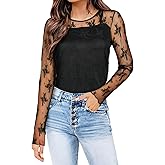 PT Haahoos Women's Lace Long Sleeve Tops Sexy Mesh Sheer Crew Neck Shirts Double Layered Going Out Blouse for Club Date Night