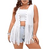 OYOANGLE Women's Plus Size Western Wear Cowgirl Outfits Fringe Trim Open Front Sleeveless Faux Suede Vest Jacket