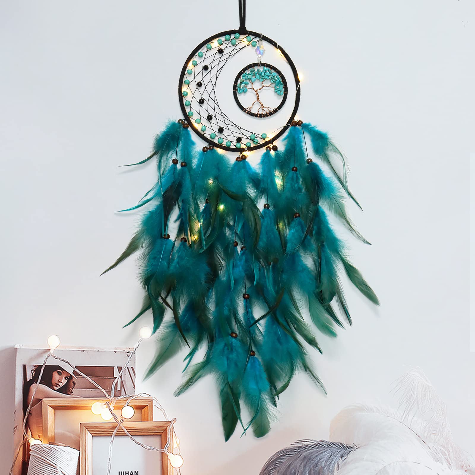 Photo 1 of KHOYIME LED Dream Catcher Light Up Tree of Life Dreamcatcher with Healing Crystal Stone Handmade Feather Wall Hanging for Bedroom Bohemian Home Decor Wedding Ornament Craft Gift (Blue&Green)