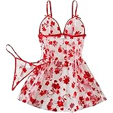 Foxiny Sexy Applique Floral Mesh Sheer Babydoll Lingerie Dress Set with Thong 2 Piece