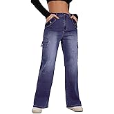 FITTOO Cargo Jeans for Women High Waisted Wide Leg Denim Pants with 6 Pockets Y2K Casual Pants Trousers