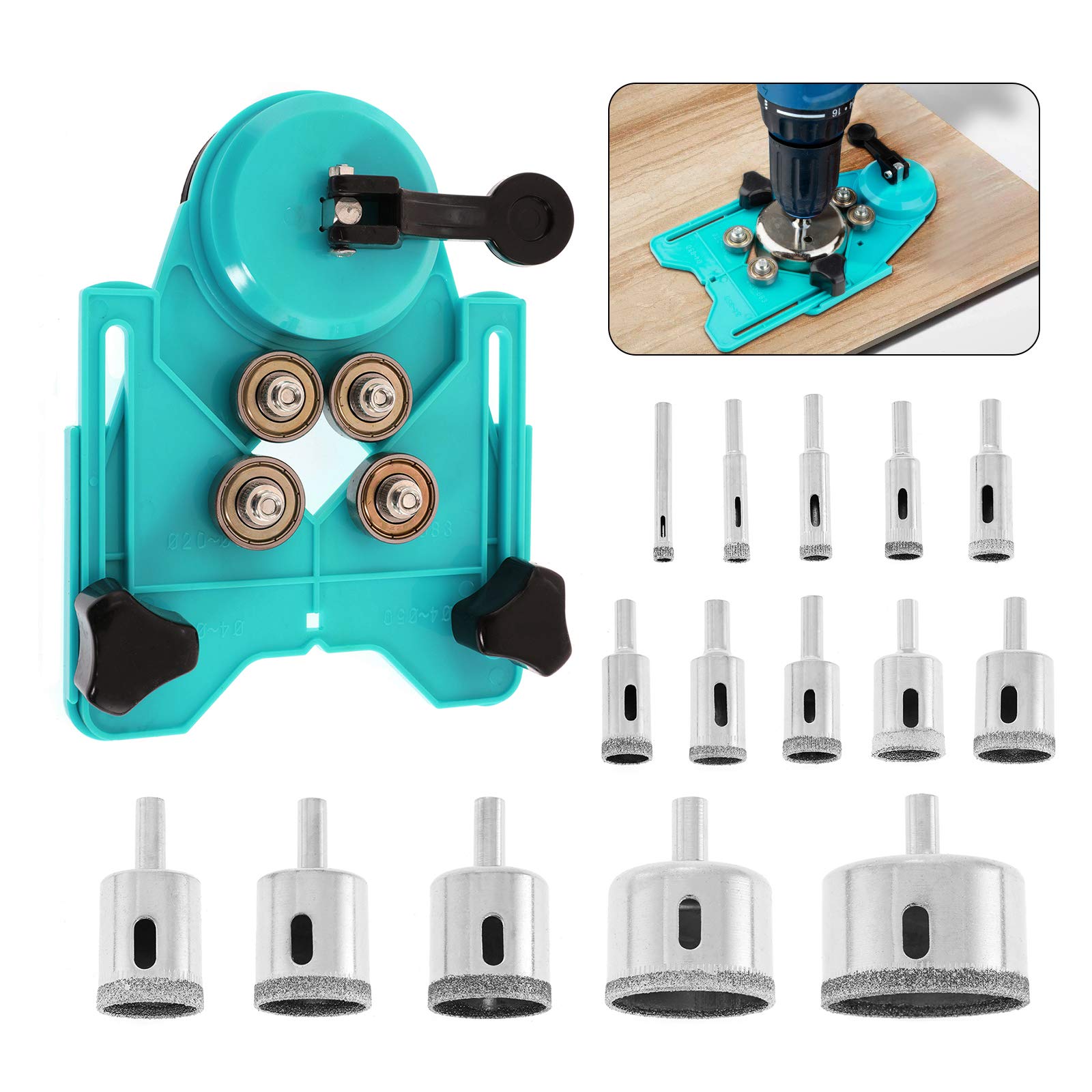 Photo 1 of BEAMNOVA Set of 16 Diamond Drill Bits with Jig Ceramic Tile Hole Drilling Set Kit 6mm-50mm 1/4~2 Inch Hole Saw Set for Glass Stone Granite Marble