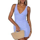 ZREQV Women's Bubble Plaid Mini Dress - Sexy V-Neck Backless Bodycon Summer Dress for Party Club Vacation