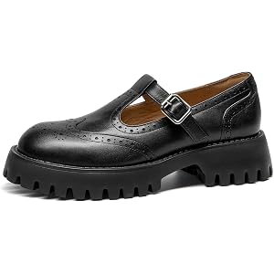 BEAU TODAY Womens Platform T-Strap Mary Jane Oxfords | Genuine Leather, Comfortable, Vintage Wingtip Brogue, Chunky Heel, Non