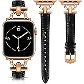 Leather Band Compatible with Apple Watch Bands for Women, Dressy Fancy Strap for iWatch Series 11/10/9/8/7/6/5/4/3/2/1/se(38mm 40mm 41mm 42mm,Black/Rose Gold)
