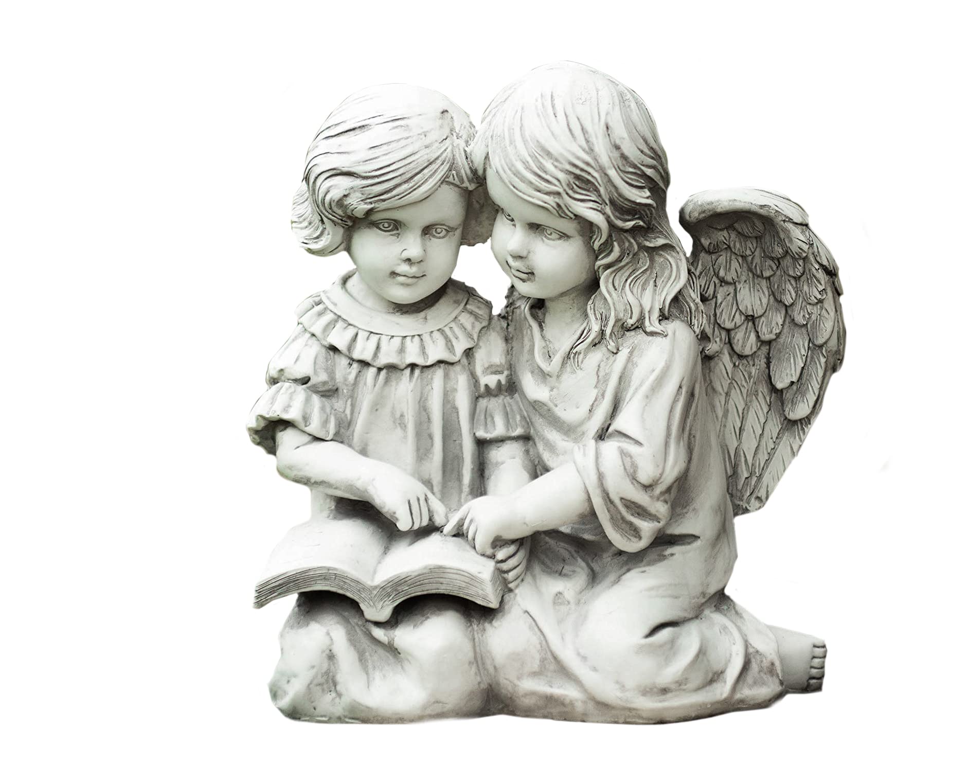 Garden Mile Resin White Stone Effect Winged Angel Statue with Book - Large Outdoor Cherub Sculpture for Patio, Lawn & Garden Decor - Elegant Fairy Ornament Display Accent