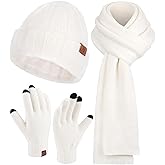 Womens Winter Warm Knit Beanie Hat Touchscreen Gloves Long Neck Scarf Set with Fleece Lined Skull Caps Gifts for Women