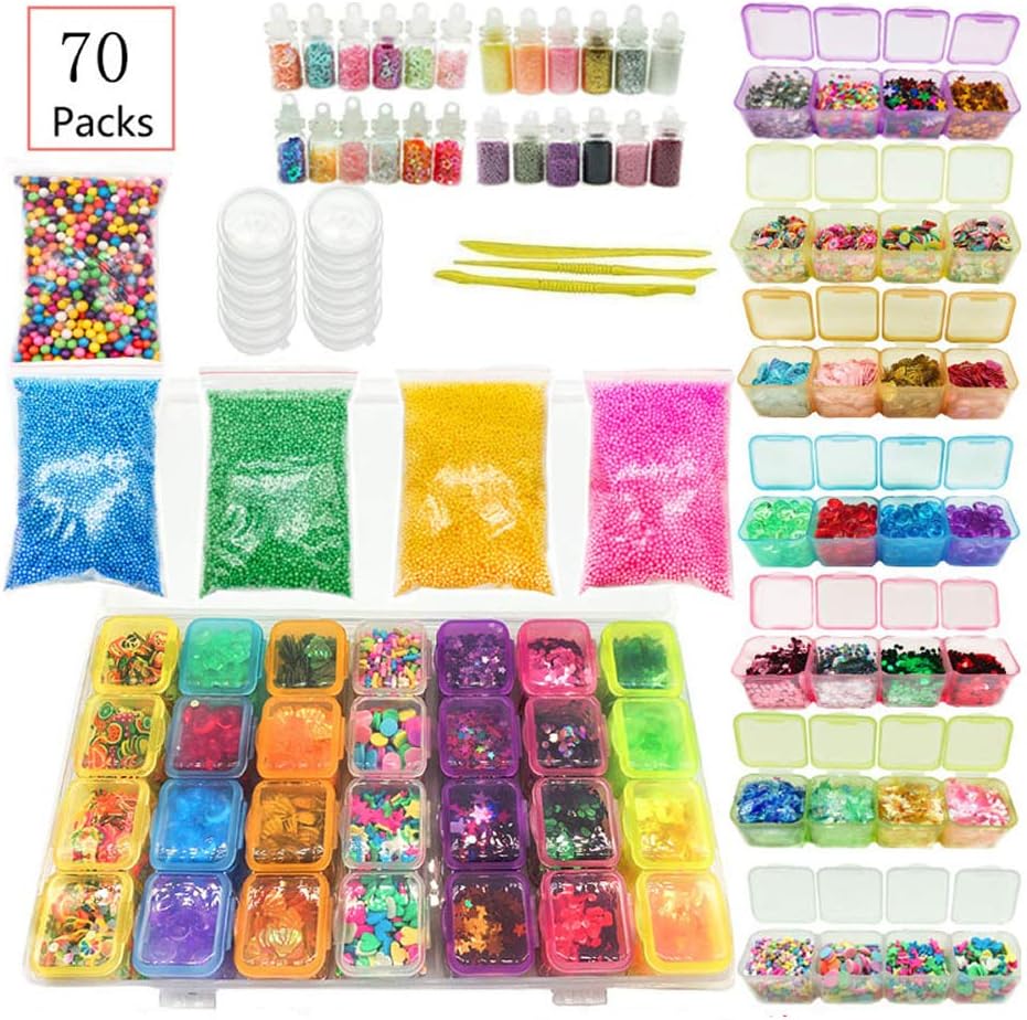 Dolwis Store 70PCS Slime Add Ins Slime Kit for Girls and Boys Floam Beads Fish Bowl Beads Mreaind Unicorn Slime Charms Glitter Jars Slime Supplies Kit
