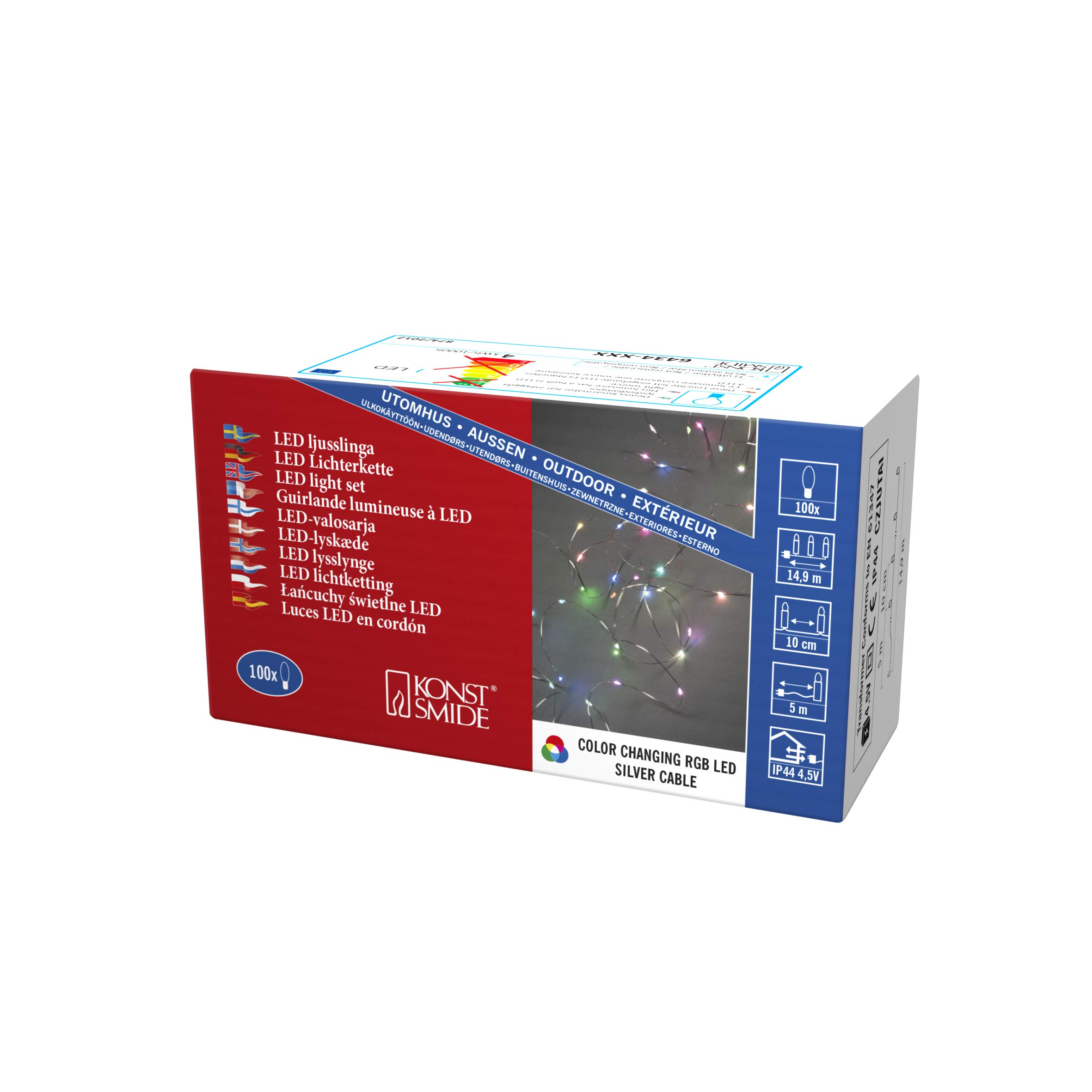 Konstsmide Christmas LED Naked Pin Chain Use (IP44)/100 RGB Static and Fast Colour Changing Diodes/4.5V Indoor Transformer (IP20)/Silver Wire String Lights, 3.6 W, Multi